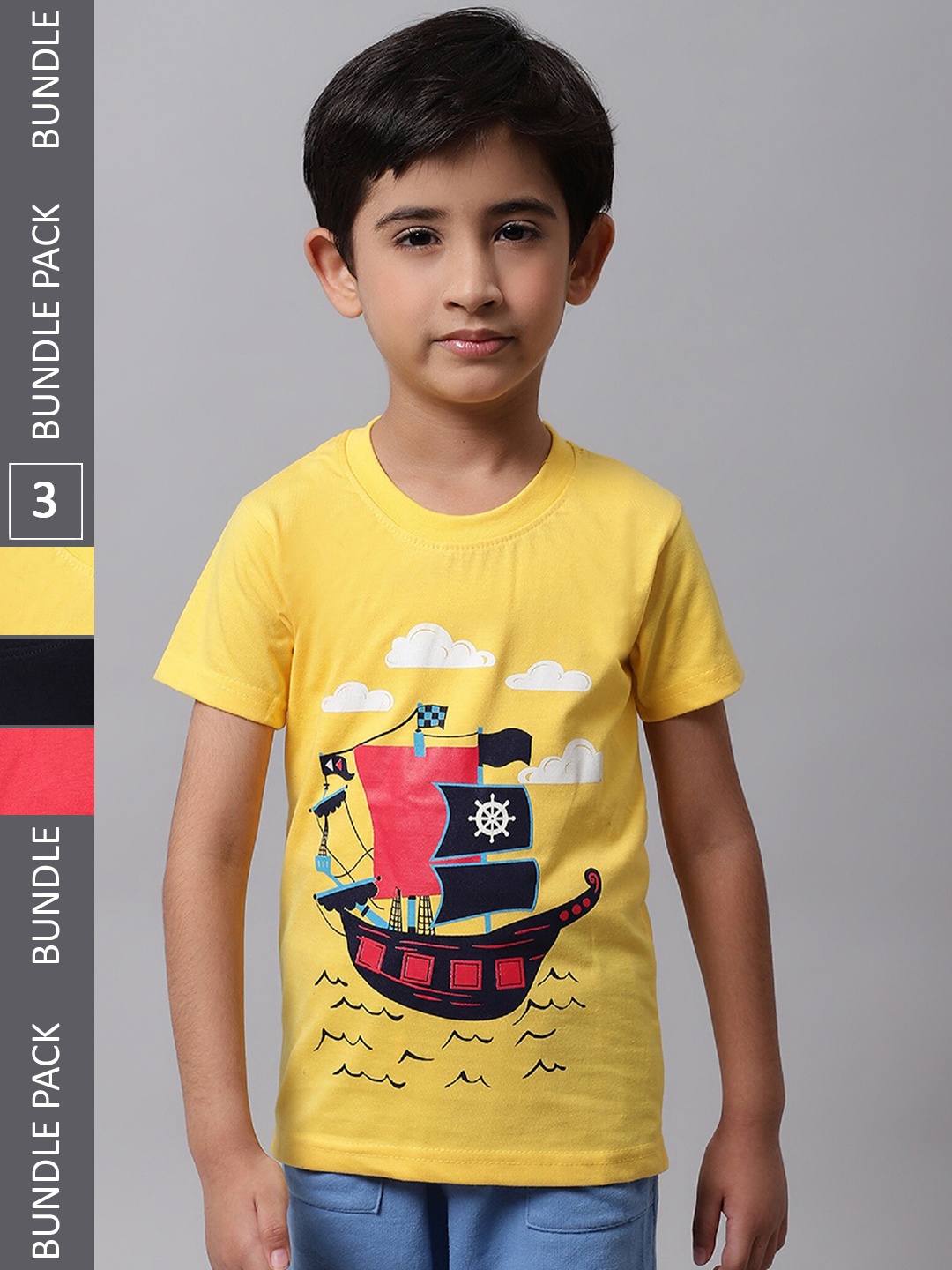 

BAESD Boys Pack Of 3 Graphic Printed Round Neck Cotton T-shirt, Yellow