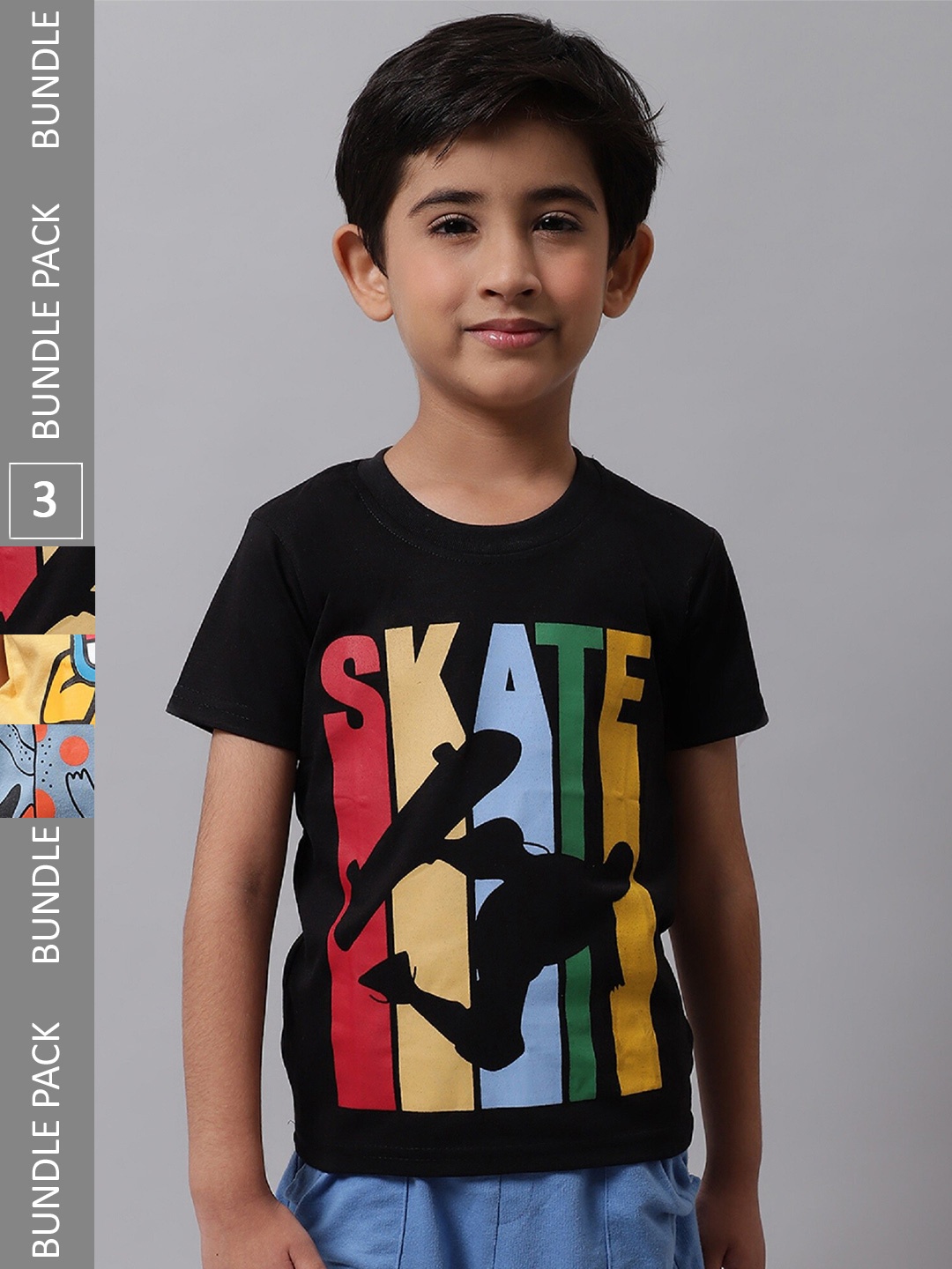 

BAESD Boys Pack Of 3 Graphic Printed Cotton Regular T-shirt, Black