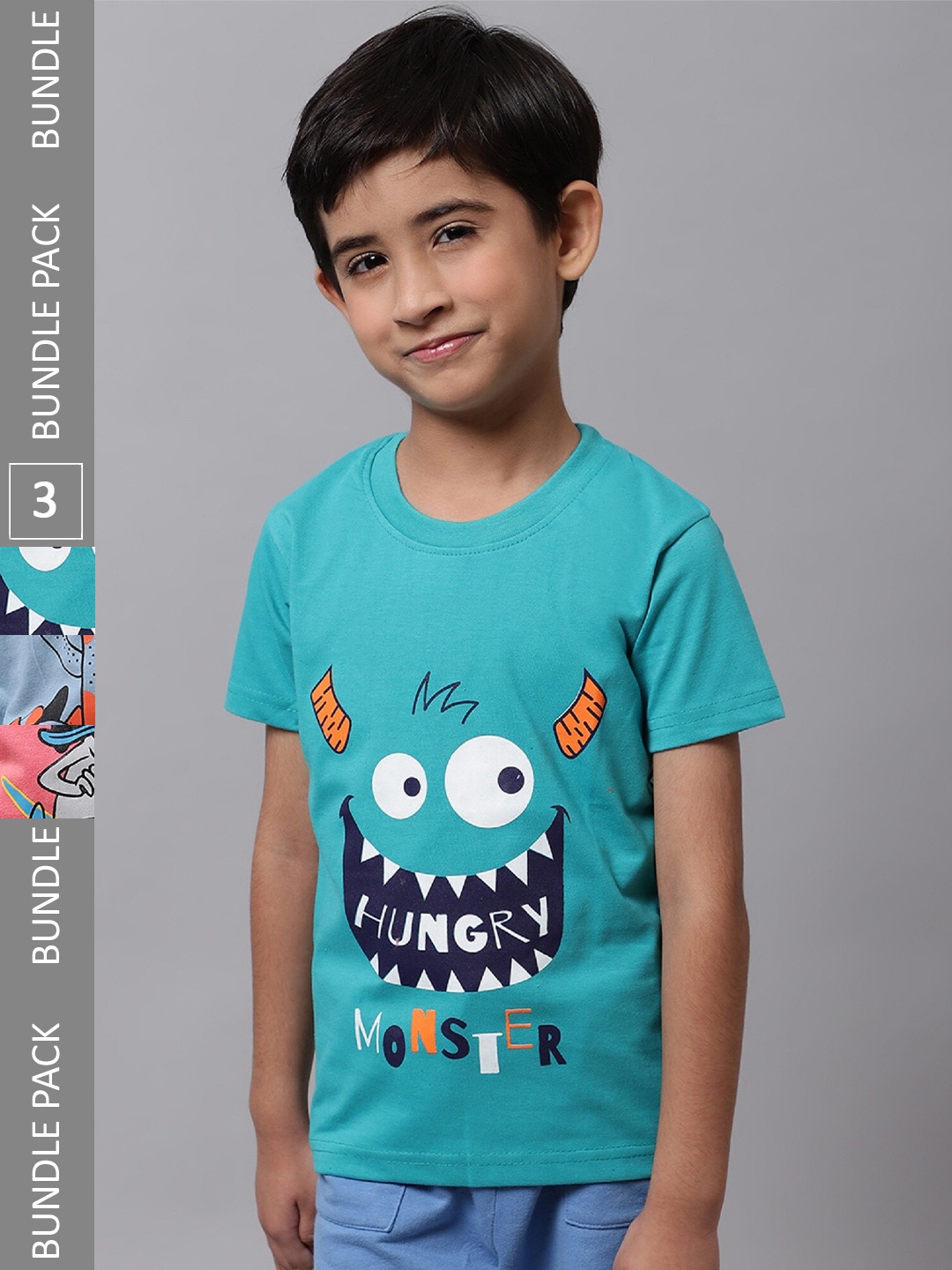 

BAESD Boys Pack Of 3 Graphic Printed Cotton Regular T-shirt, Turquoise blue