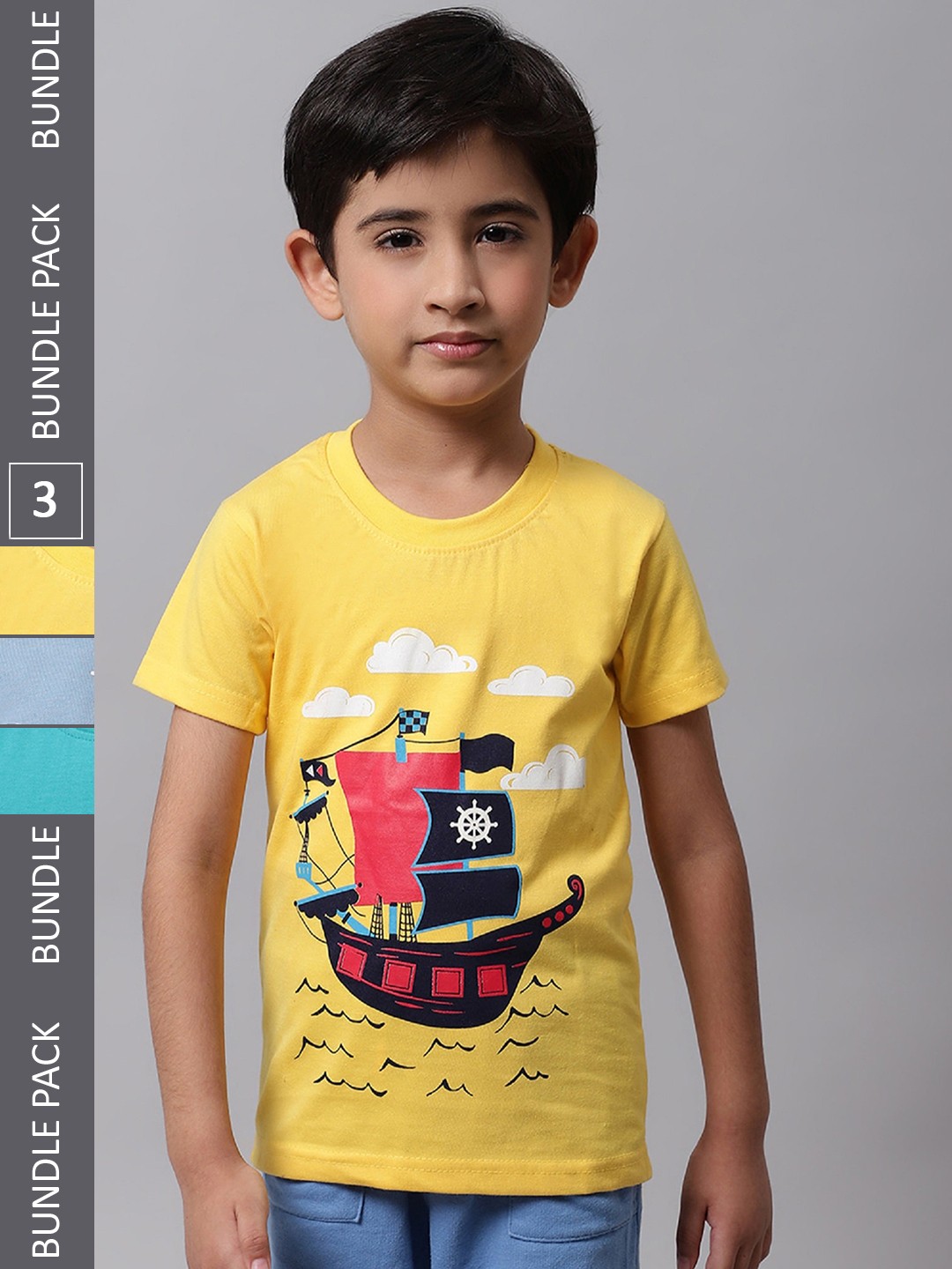 

BAESD Boys Pack Of 3 Graphic Printed Round Neck Cotton T-shirt, Yellow