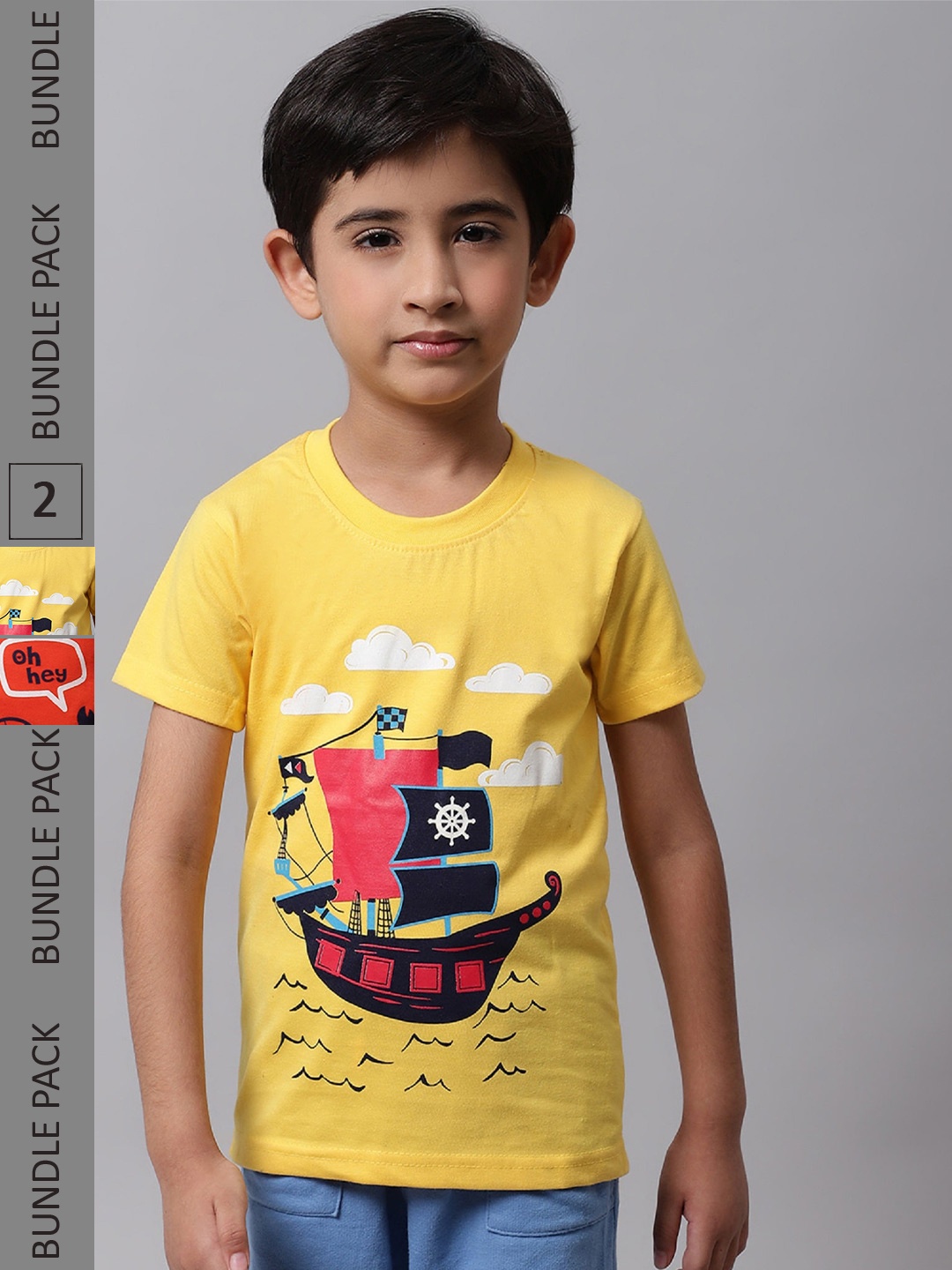 

BAESD Boys Pack Of 2 Conversational Printed Cotton T-shirt, Yellow