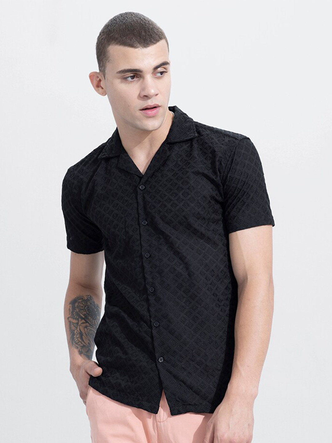 

Snitch Lapel Collar Embroidered Slim Fit Cotton Shirt, Black