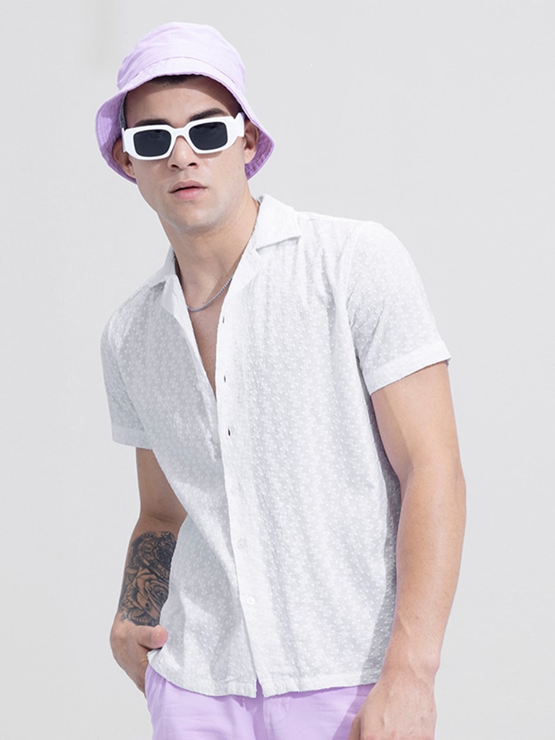 

Snitch Lapel Collar Embroidered Slim Fit Cotton Shirt, White