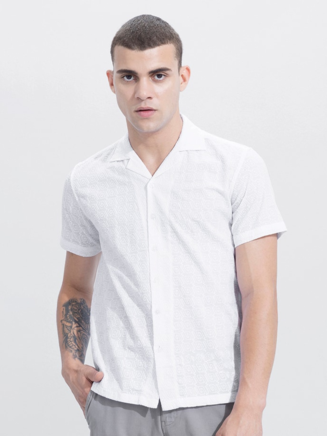 

Snitch Lapel Collar Embroidered Slim Fit Cotton Shirt, White