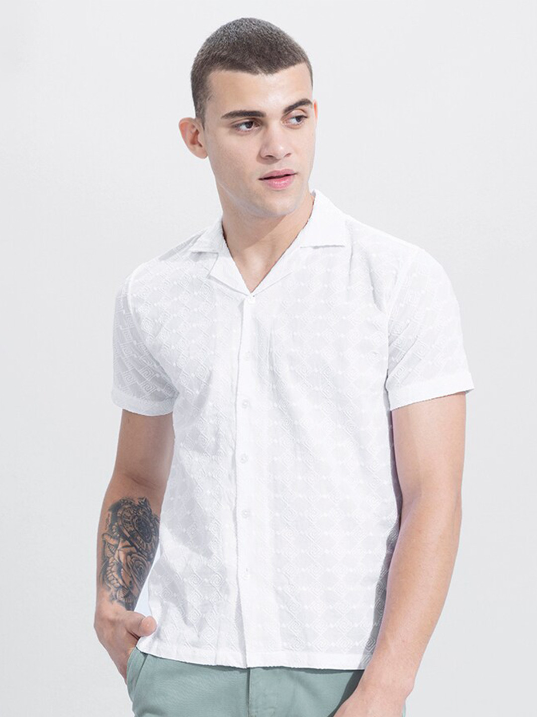 

Snitch Lapel Collar Embroidered Slim Fit Cotton Shirt, White