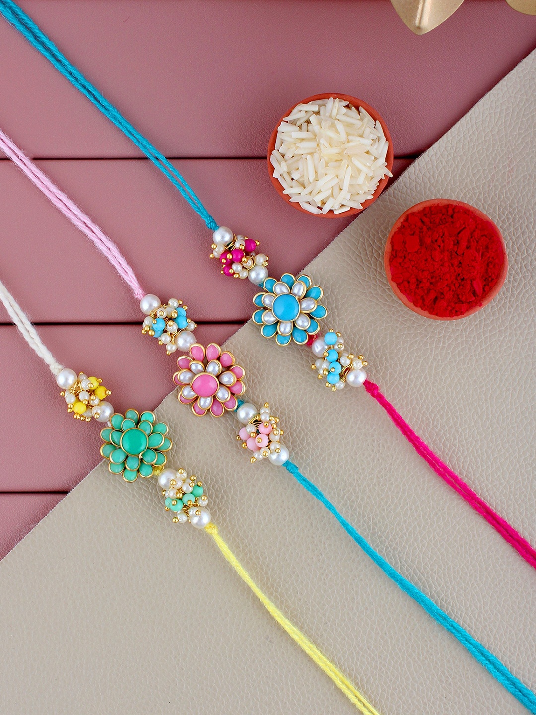 

LUCKY JEWELLERY Set Of 3 Gold-Plated Stone-Studded Floral Charm Rakhi Bracelets, Green
