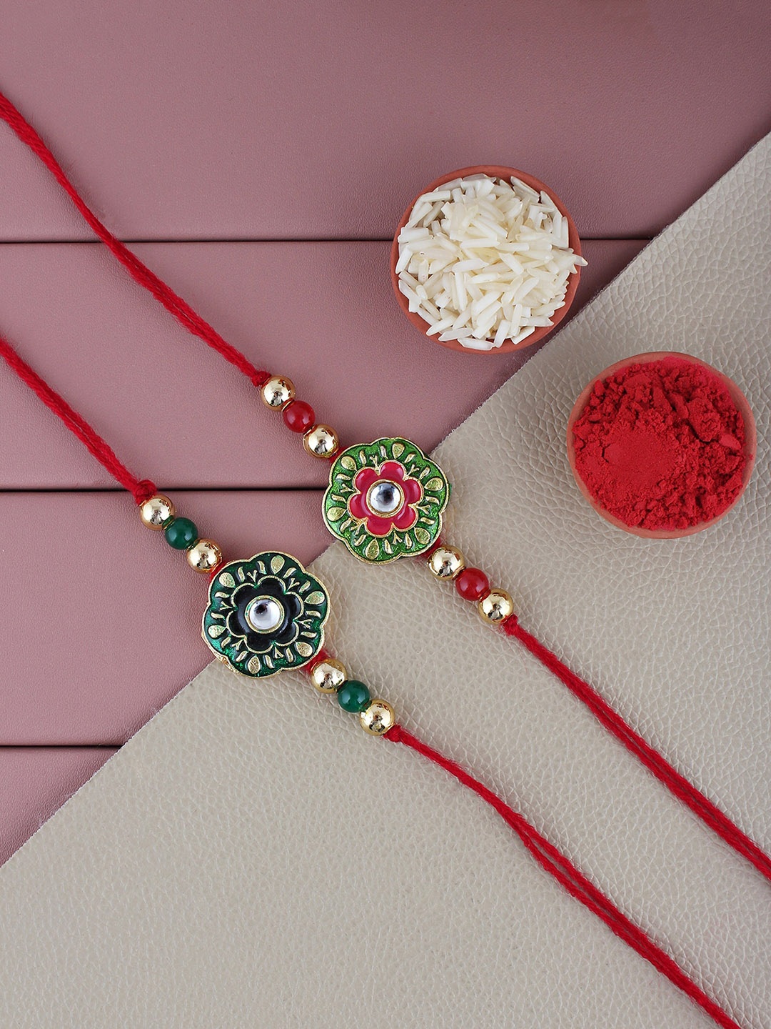 

LUCKY JEWELLERY Men Set Of 2 Gold-Plated Stone-Studded Meena Floral Charm Rakhis