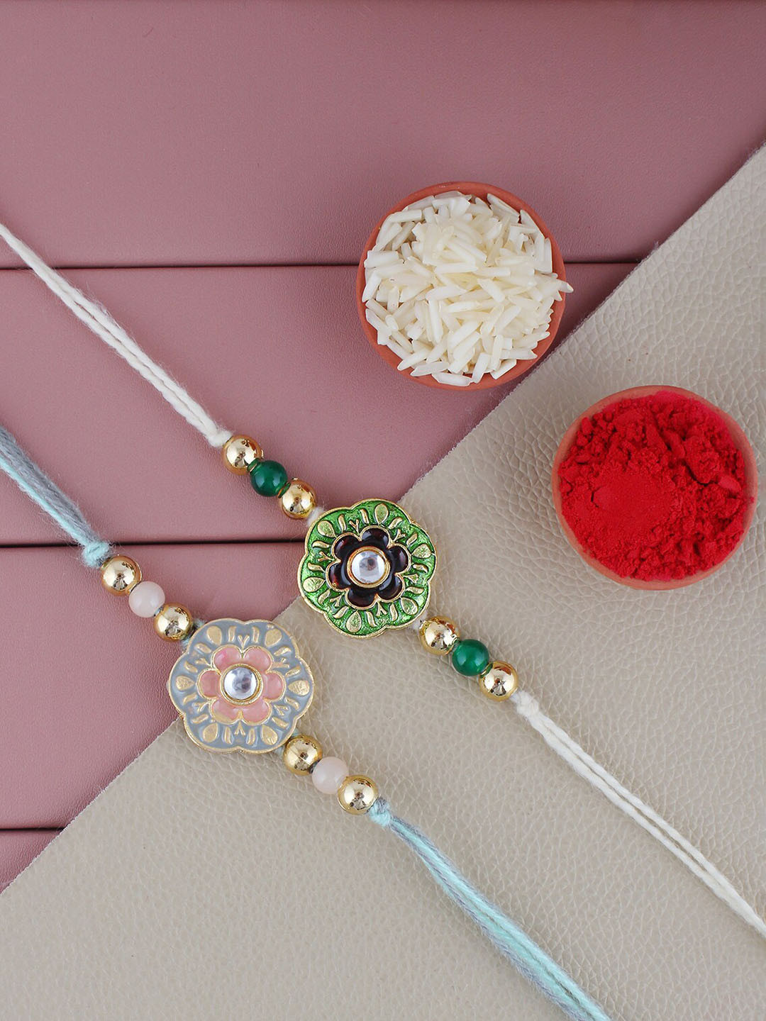 

LUCKY JEWELLERY Set Of 2 Gold-Plated Stone-Studded Meenakari Floral Charm Rakhis