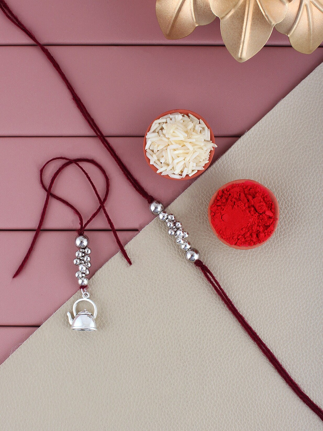 

LUCKY JEWELLERY Men Set Of 2 Oxidized German Silver Beaded Rakhi With Roli, Rice & Card, Metallic