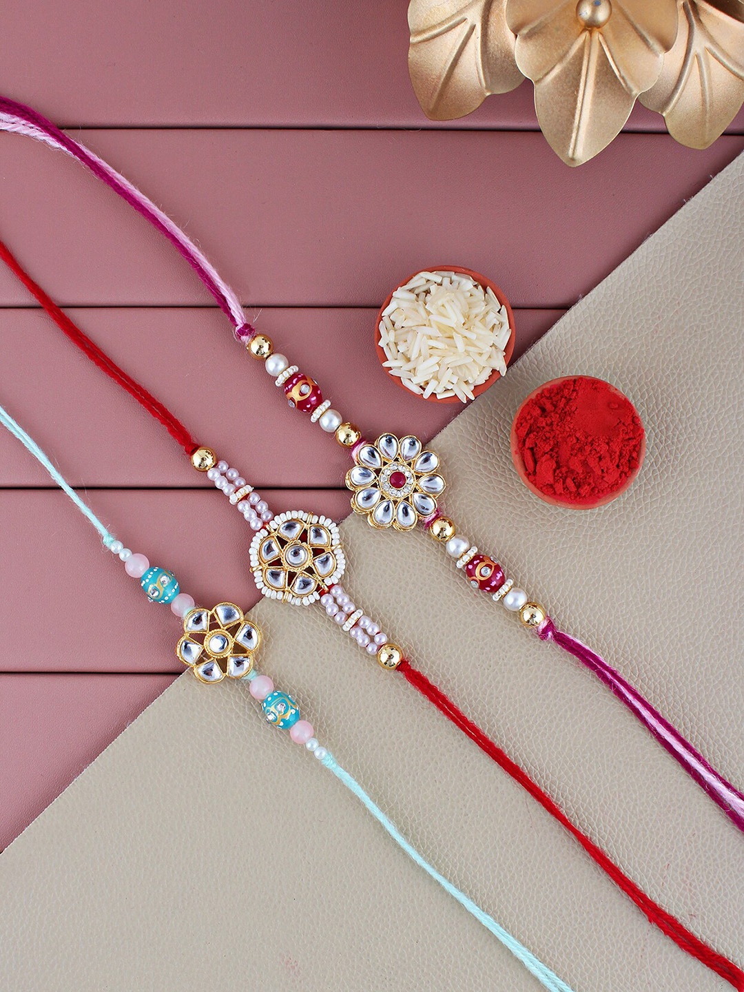 

LUCKY JEWELLERY Men Set Of 3 Gold-Plated Stone-Studded Floral Charm Traditional Rakhis, Blue