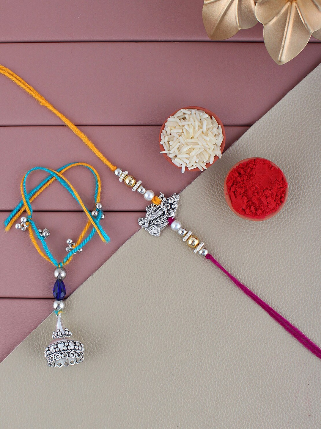

LUCKY JEWELLERY Oxidized German Silver Radha Krishn Rakhi With Lumba, Roli, Metallic
