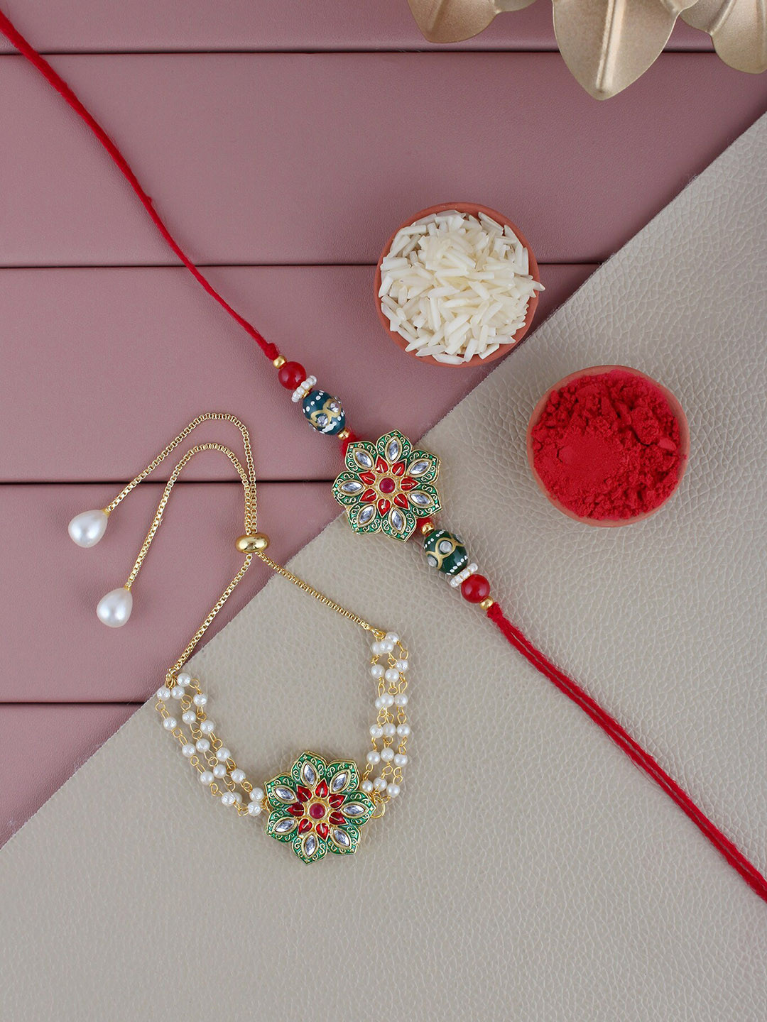 

LUCKY JEWELLERY Set Of 2 Gold-Plated Stone Studded & Beaded Rakhi Set
