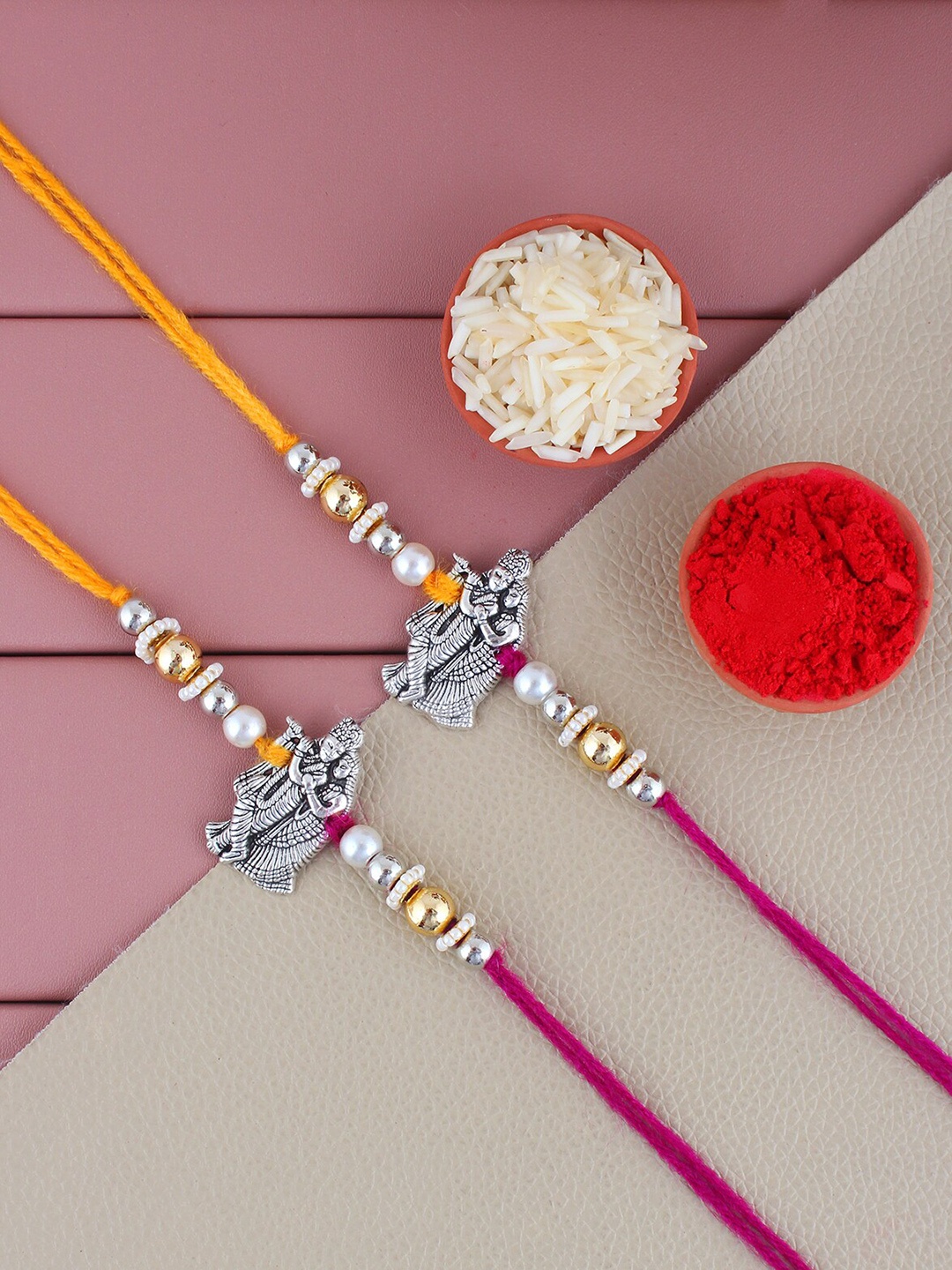 

LUCKY JEWELLERY Set Of 2 Oxidized German Silver Thread Rakhi, Metallic