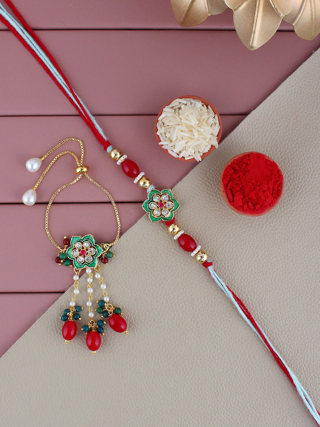 

LUCKY JEWELLERY Set Of 2 Gold-Plated Thread Rakhi Set