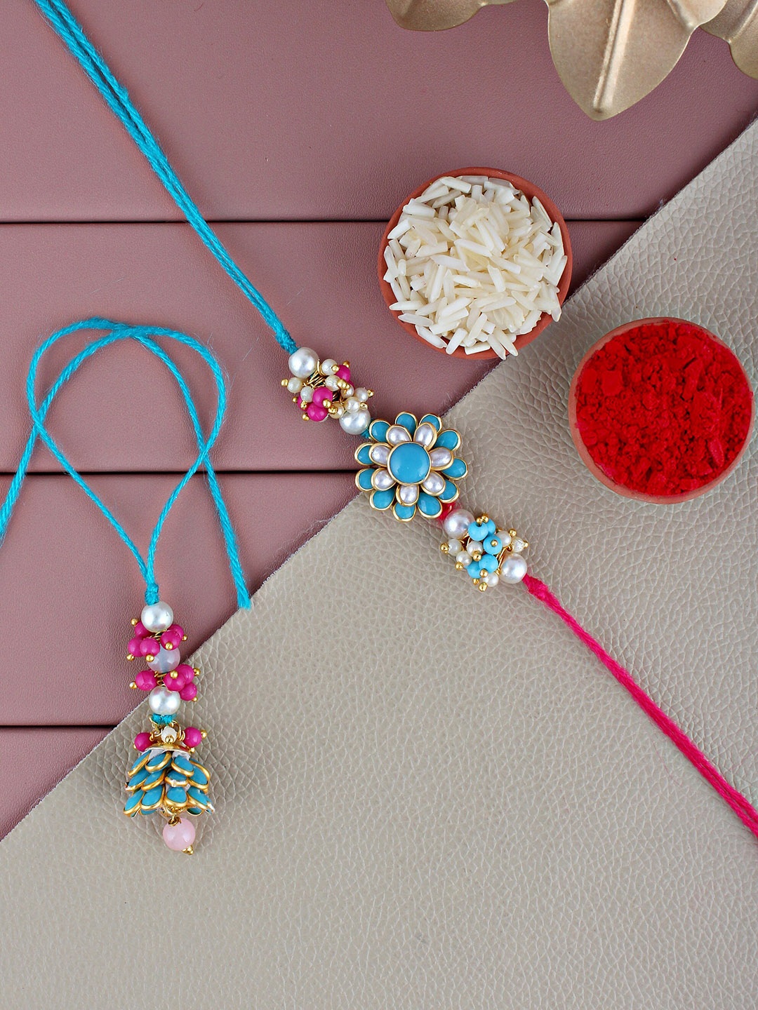 

LUCKY JEWELLERY Gold Plated Stone Studded & Beaded Rakhi Set
