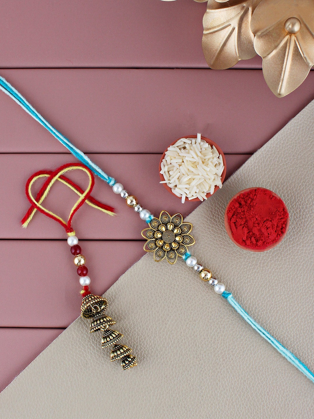 

LUCKY JEWELLERY Set Of 2 Gold-Plated Thread Rakhi Set