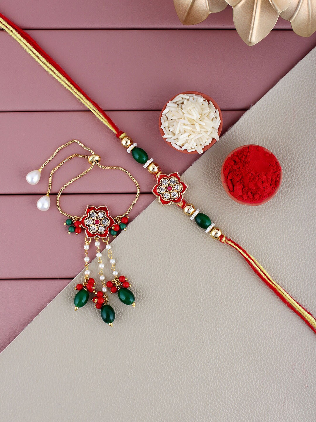 

LUCKY JEWELLERY Gold-Plated Stone Studded Rakhi Set