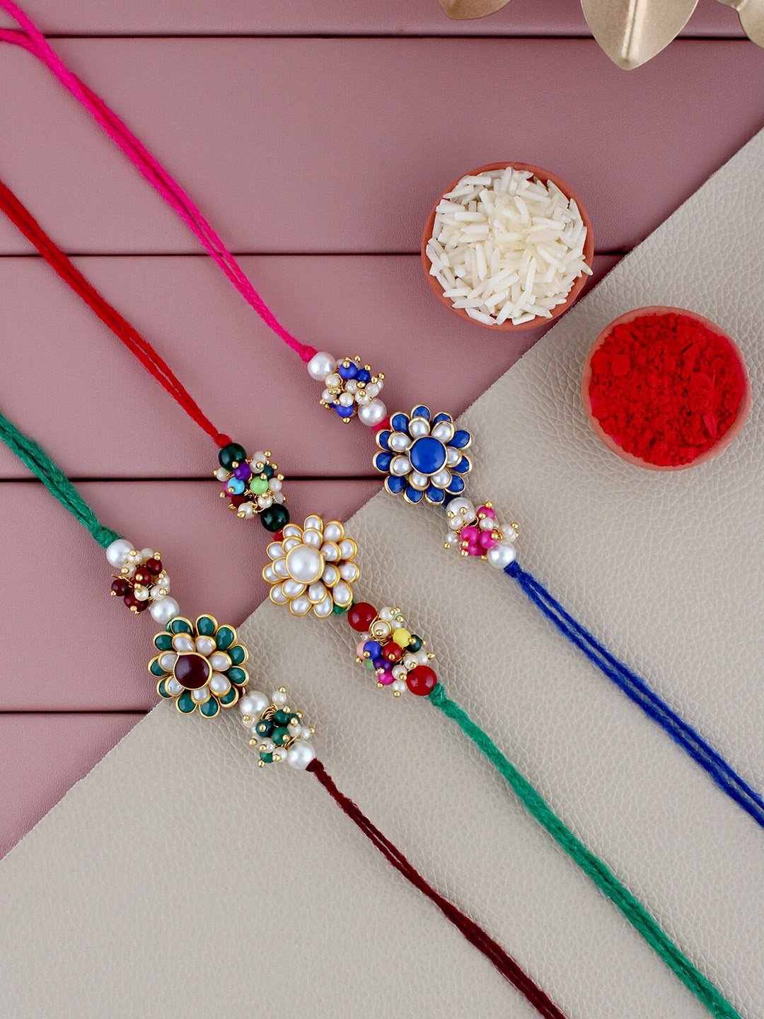 

LUCKY JEWELLERY Set Of 3 Gold-Plated Beaded Thread Rakhis