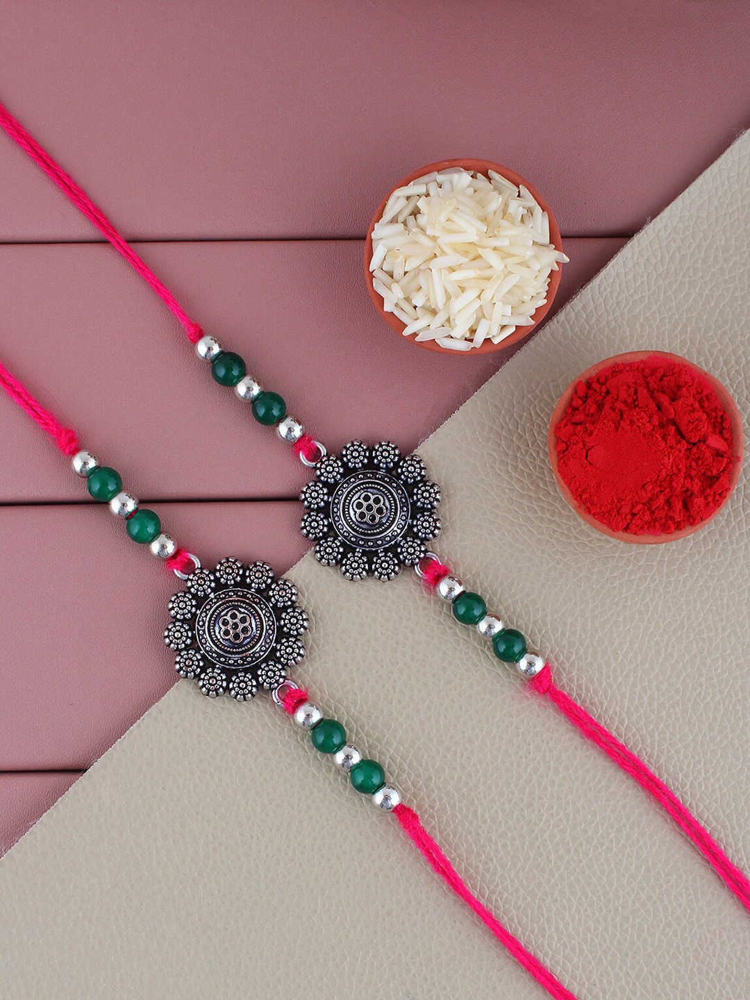 

LUCKY JEWELLERY Set Of 2 Oxidized Thread Rakhi, Silver