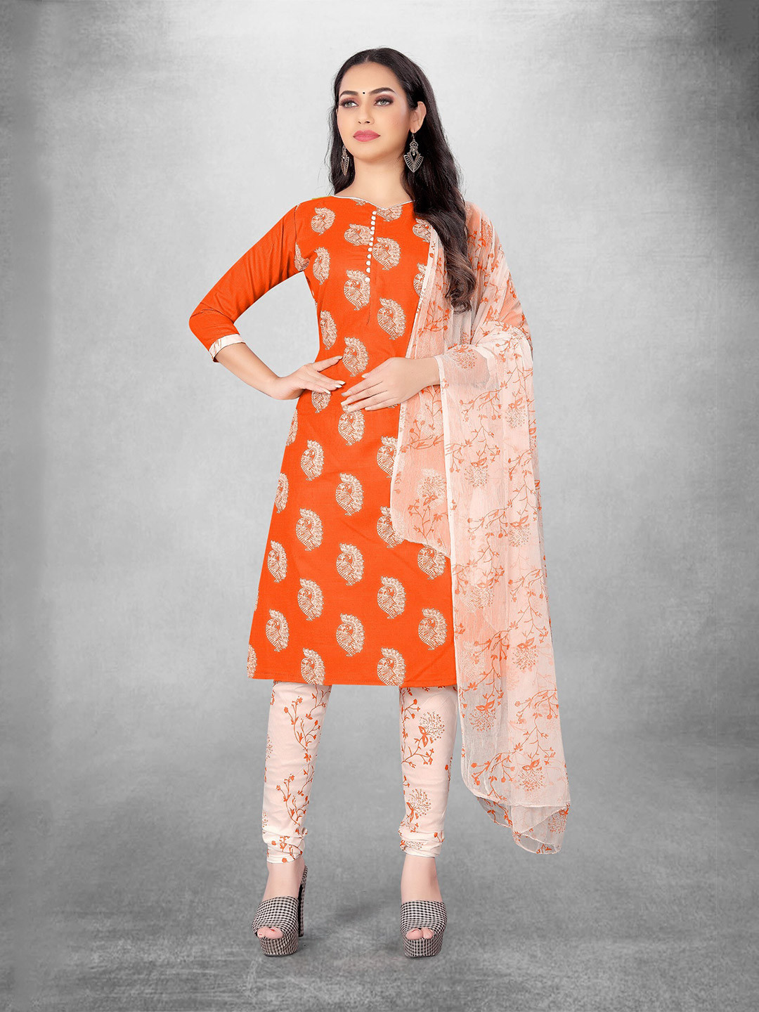 

KALINI Ethnic Motifs Printed Dress Material, Orange