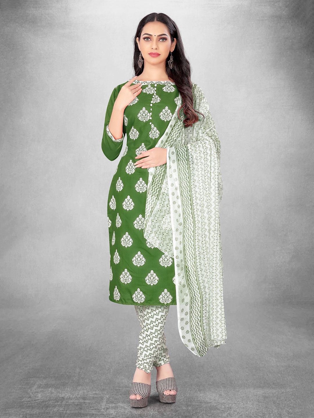 

KALINI Ethnic Motifs Printed Unstitched Dress Material, Green