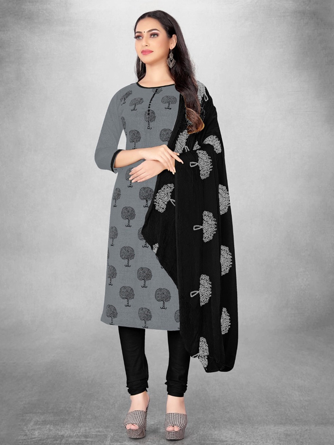 

KALINI Ethnic Motifs Printed Dress Material, Grey