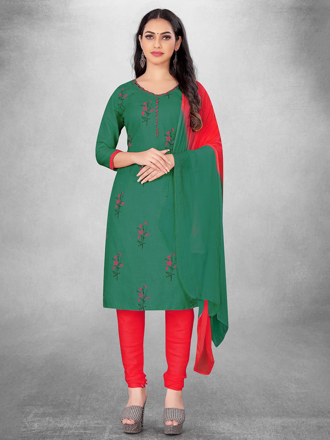 

KALINI Floral Printed Unstitched Dress Material, Green