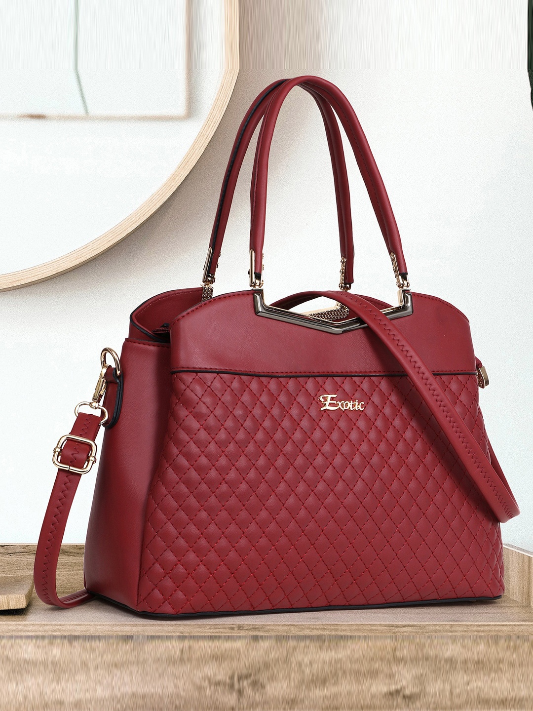 

Exotic Structured Handheld Bag With Quilted, Maroon