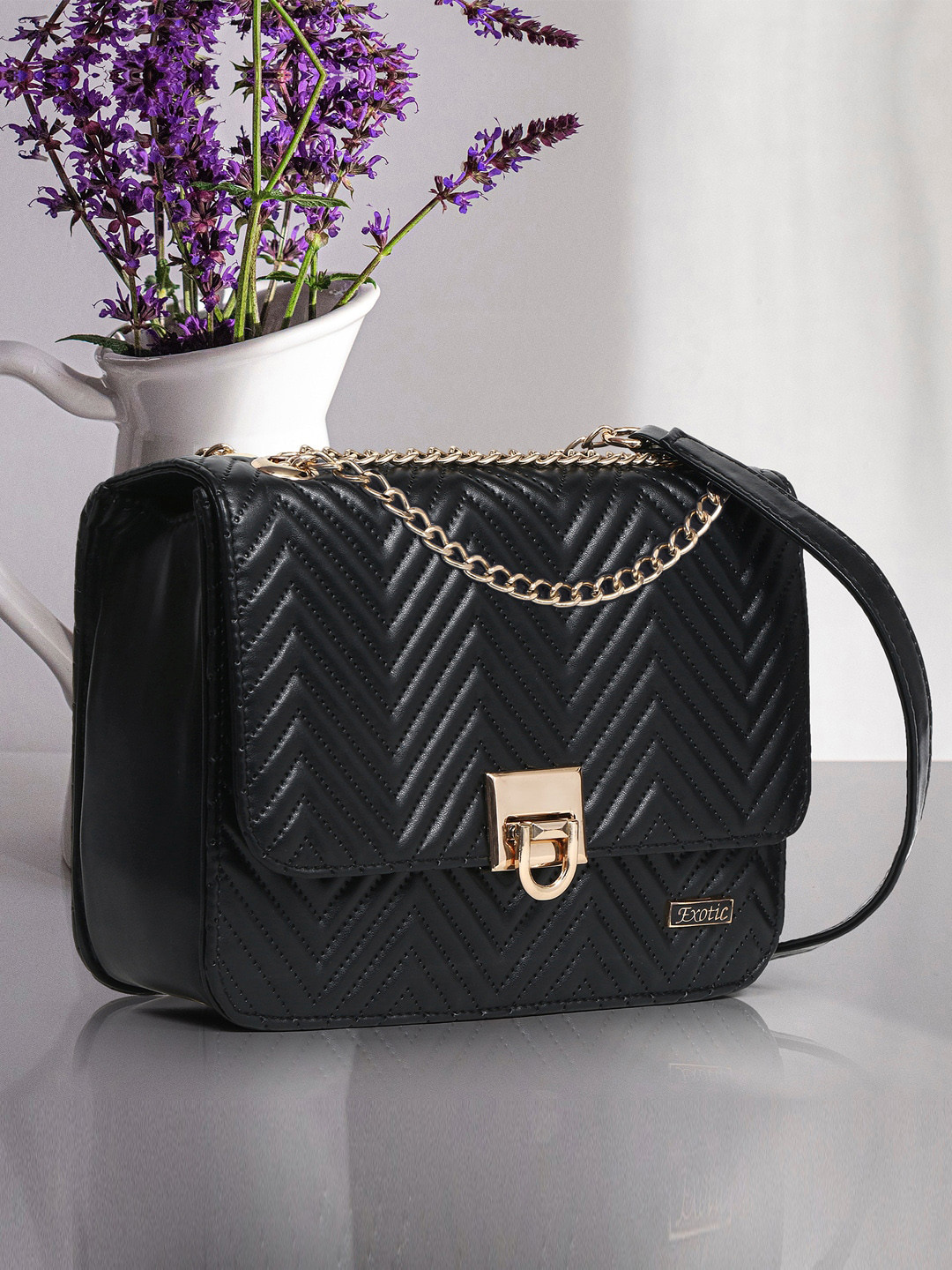 

Exotic Structured Sling Bag With Quilted, Black