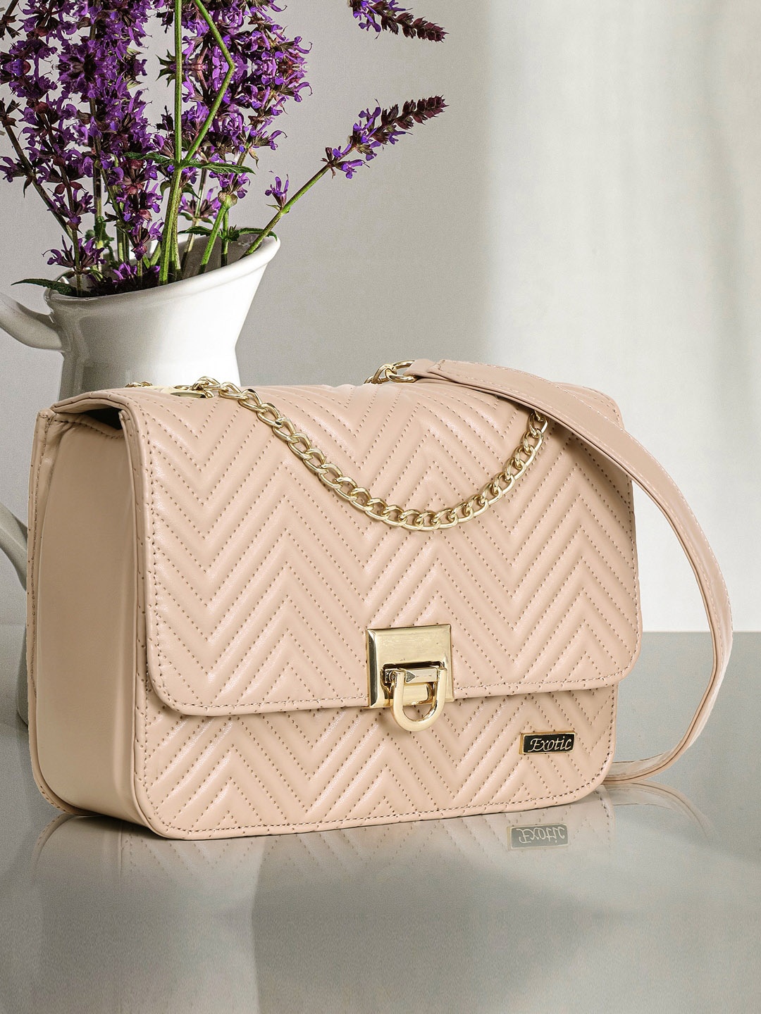 

Exotic Structured Sling Bag With Quilted, Cream