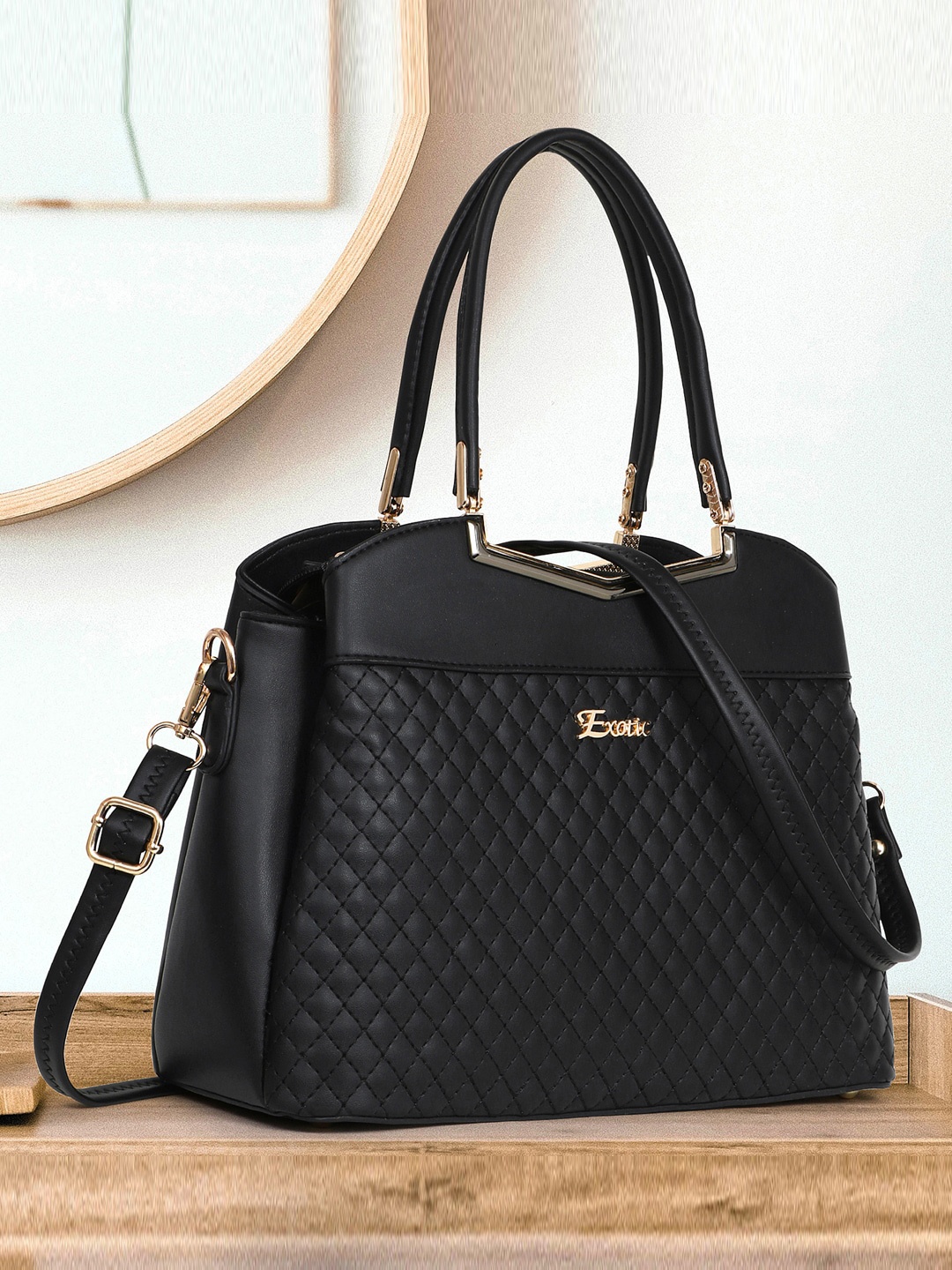 

Exotic Textured Quilted Structured Handheld Bag, Black