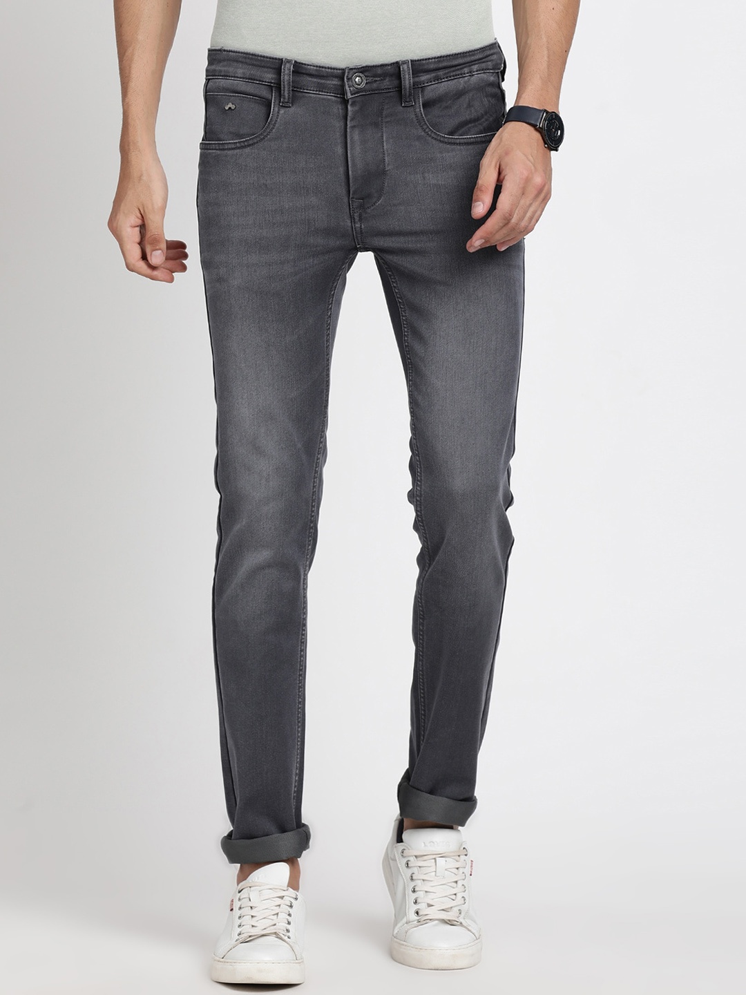 

Turtle Men Clean Look Narrow Tapered Fit Heavy Fade Stretchable Jeans, Grey