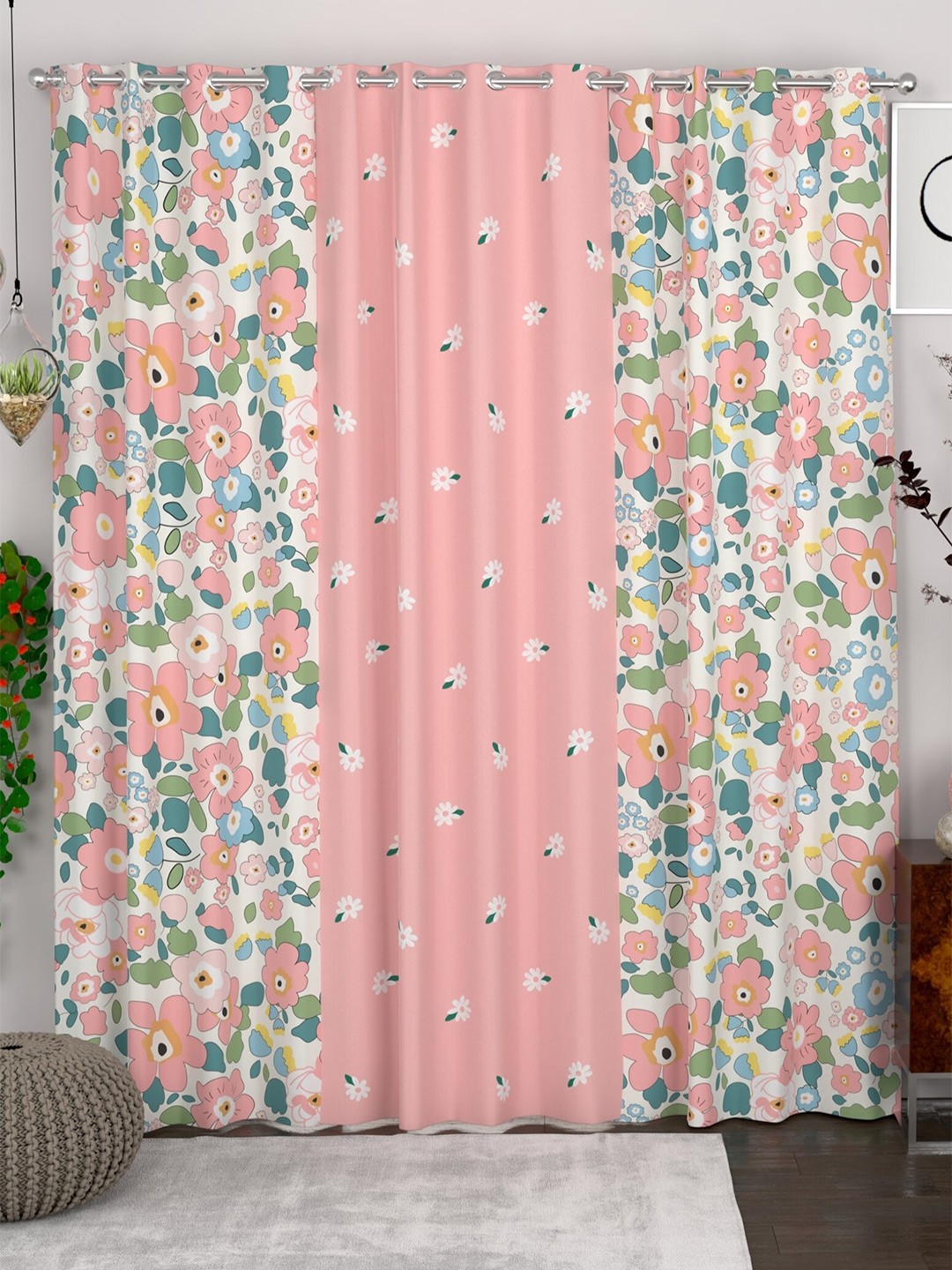 

CHHAVI INDIA Pink & White 3-Pieces Floral Sheer Door Curtains