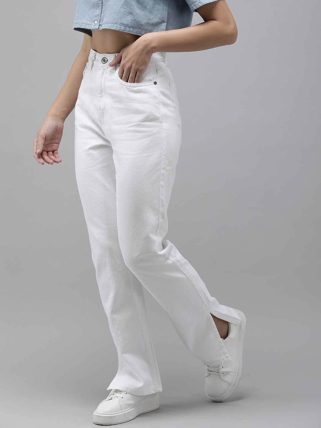 

Roadster Straight Fit High-Rise Pure Cotton Jeans with Slits, White