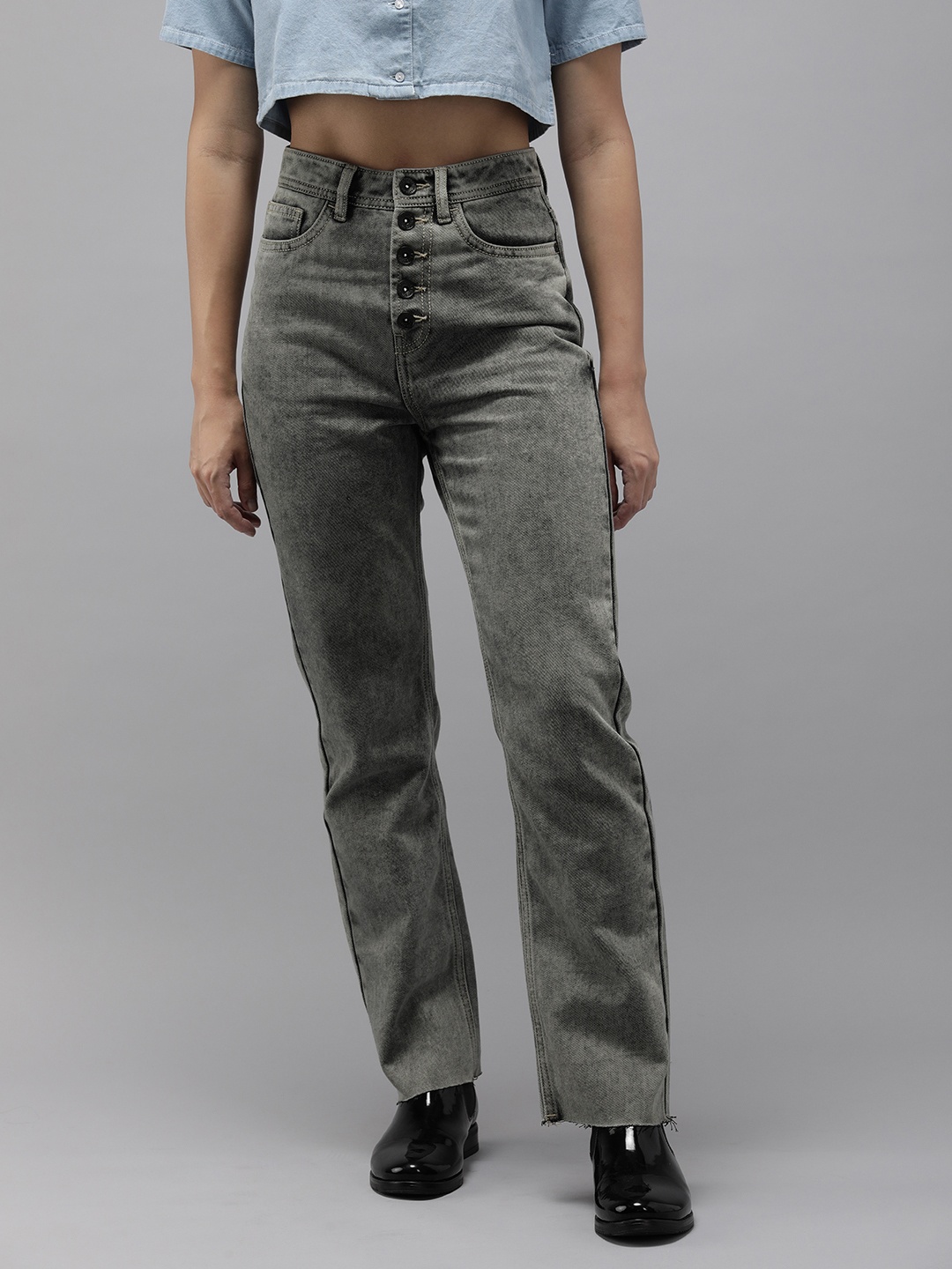 

Roadster Women Straight Fit High-Rise Heavy Fade Jeans, Grey