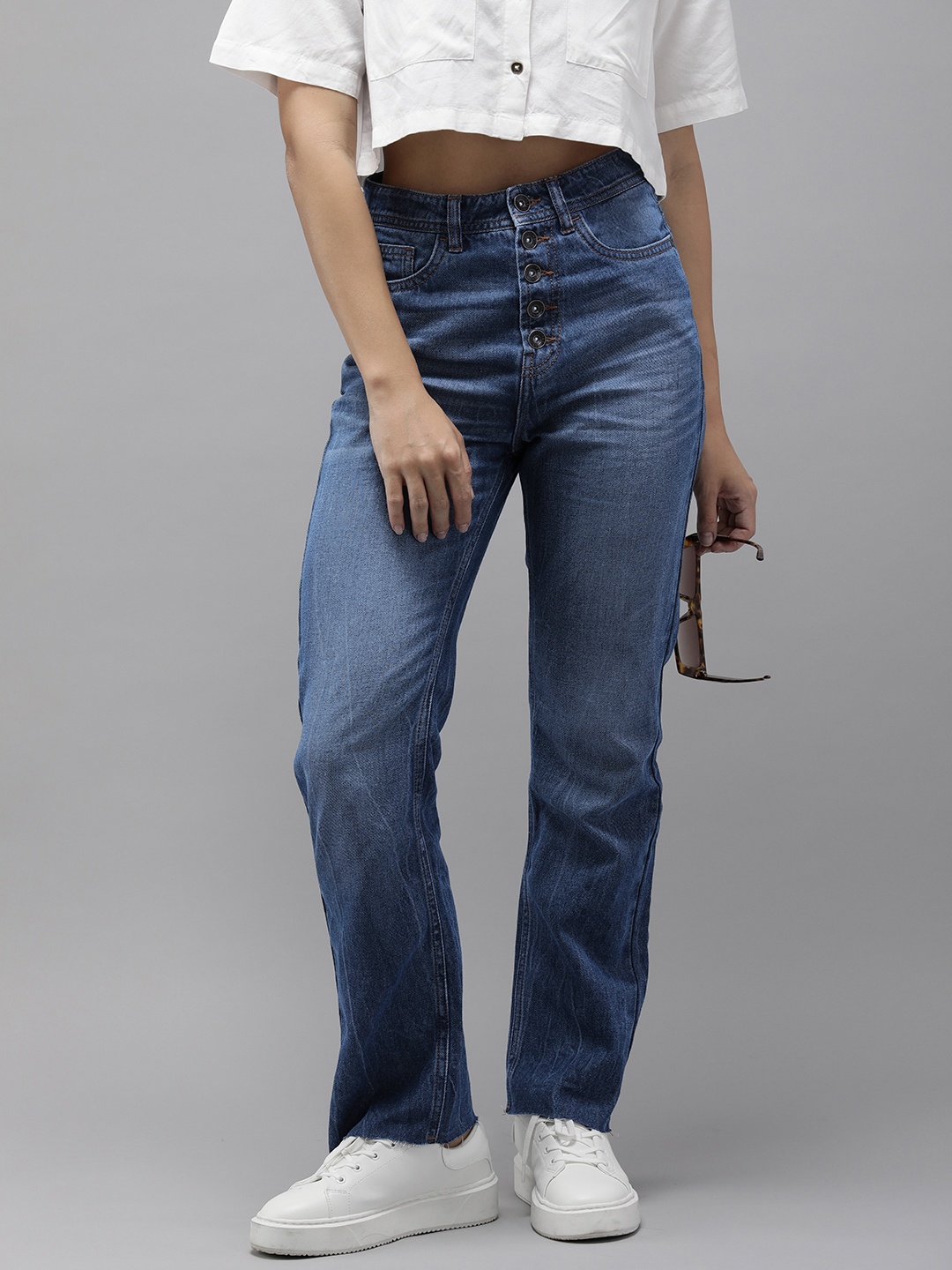 

Roadster Straight Fit High-Rise Pure Cotton Jeans, Blue