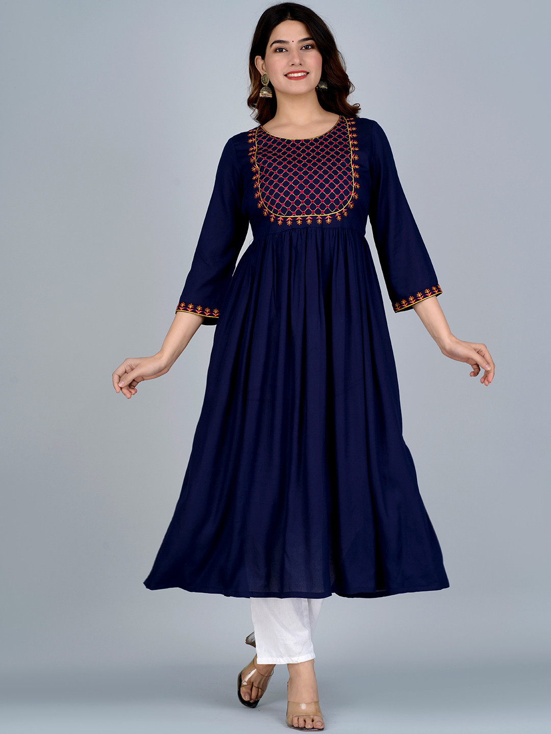 

JAIPURI COLLECTION Floral Embroidered Yoke Design Panelled Anarkali Kurta, Navy blue