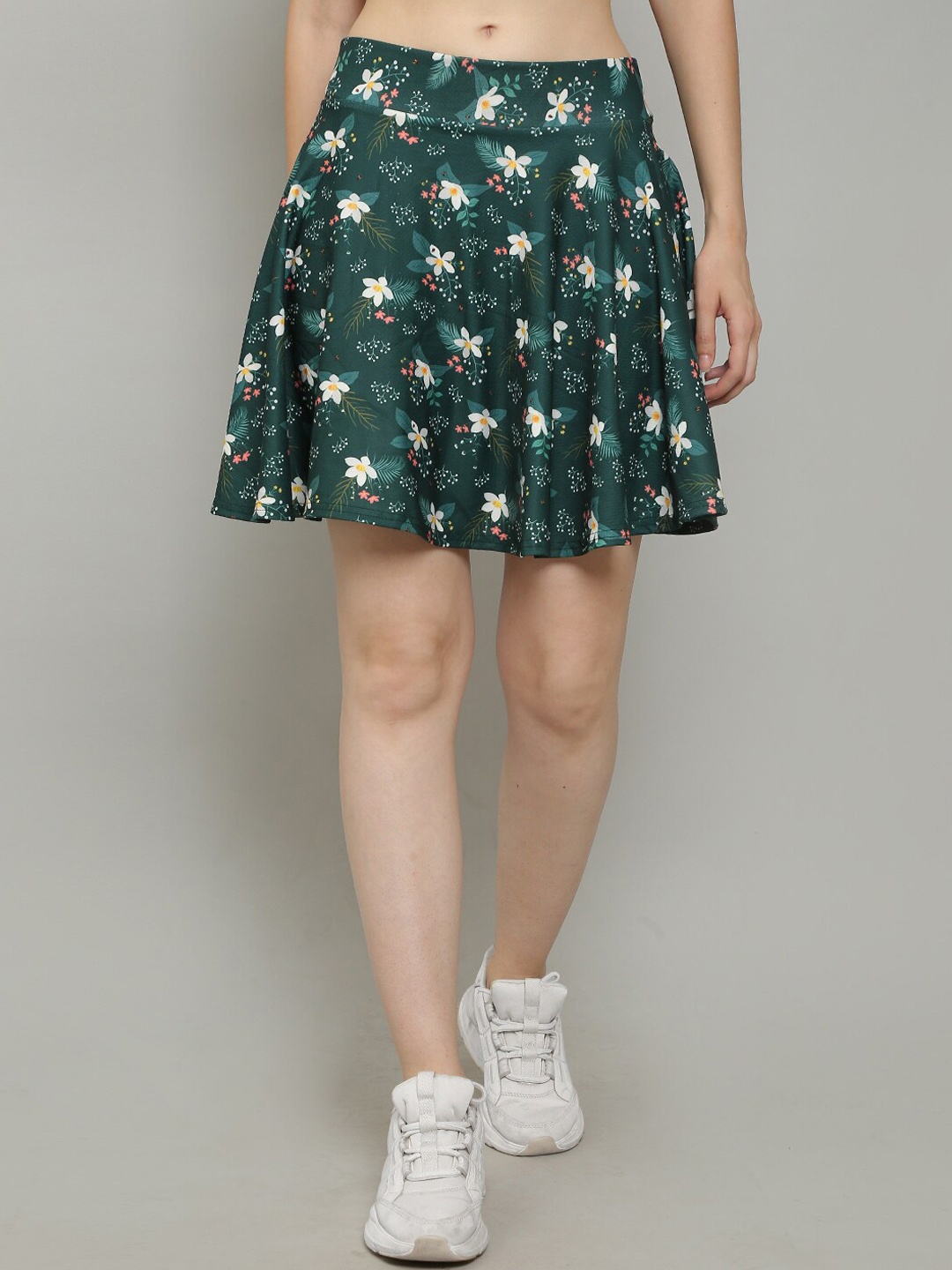 

N-Gal Floral Printed Flared Hem Casual Mini A-Line Skirt, Green