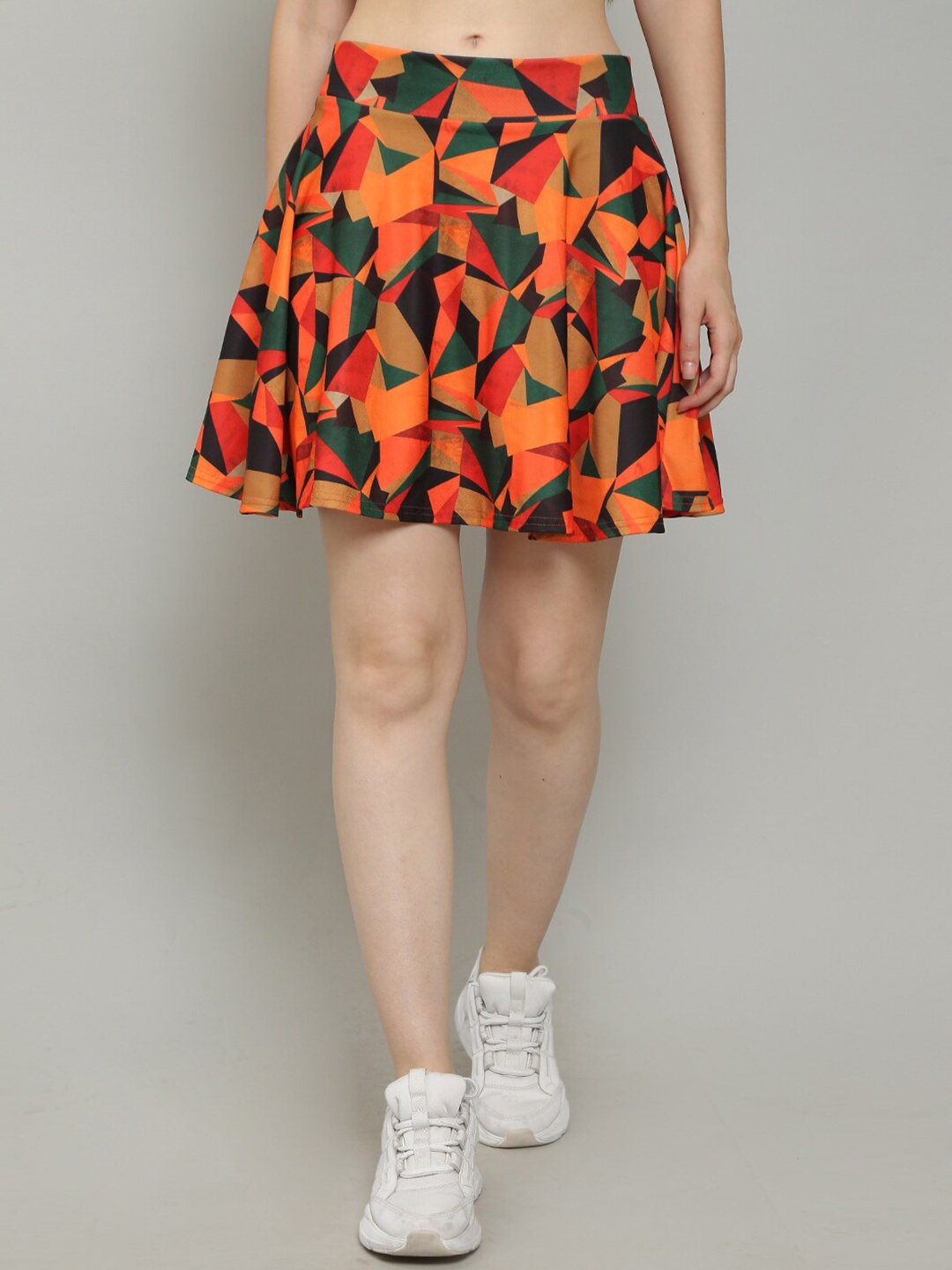 

N-Gal Geometric Print Skater Flared Divided Mini Skirt, Orange