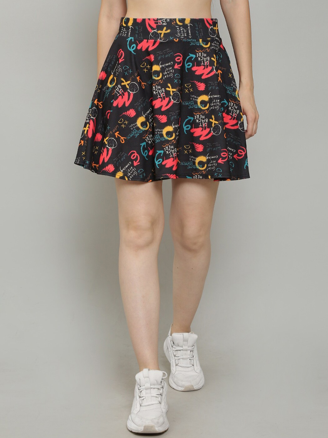 

N-Gal Graphic Printed Flared Hem Casual Mini A-Line Skirt, Black