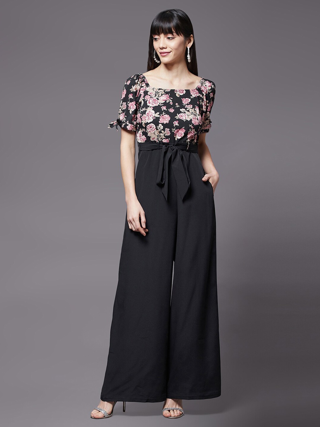 

Miss Chase Black & Pink Printed Basic Jumpsuit