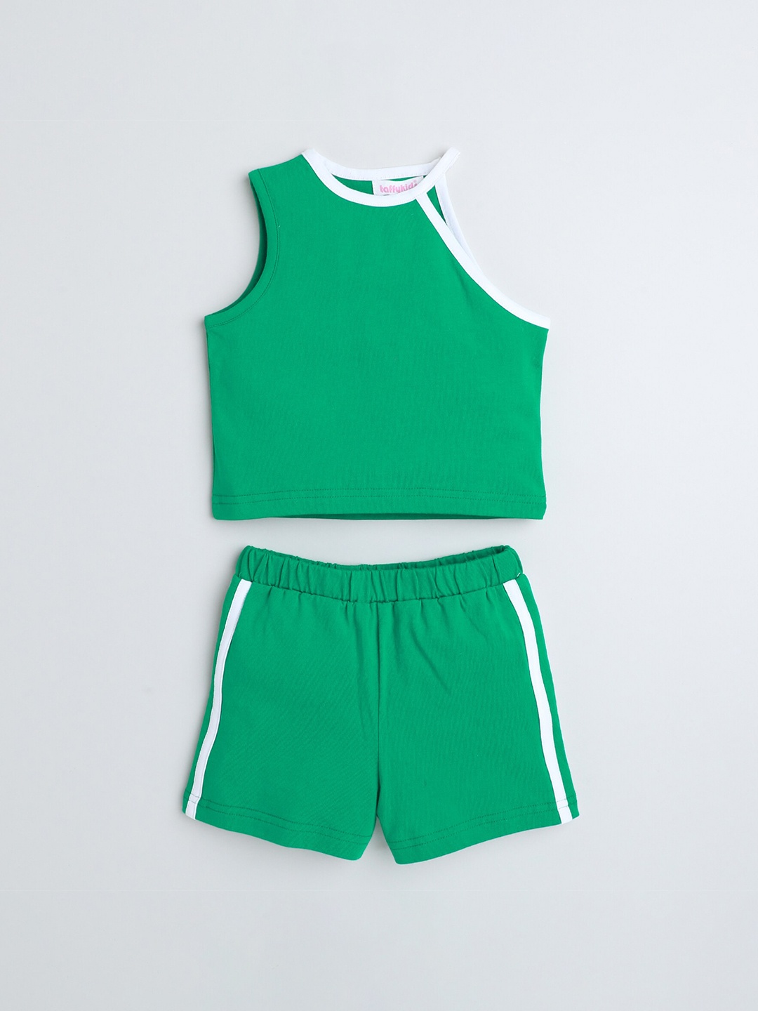 

taffykids Girls One Shoulder Cotton Crop Top With Shorts, Green