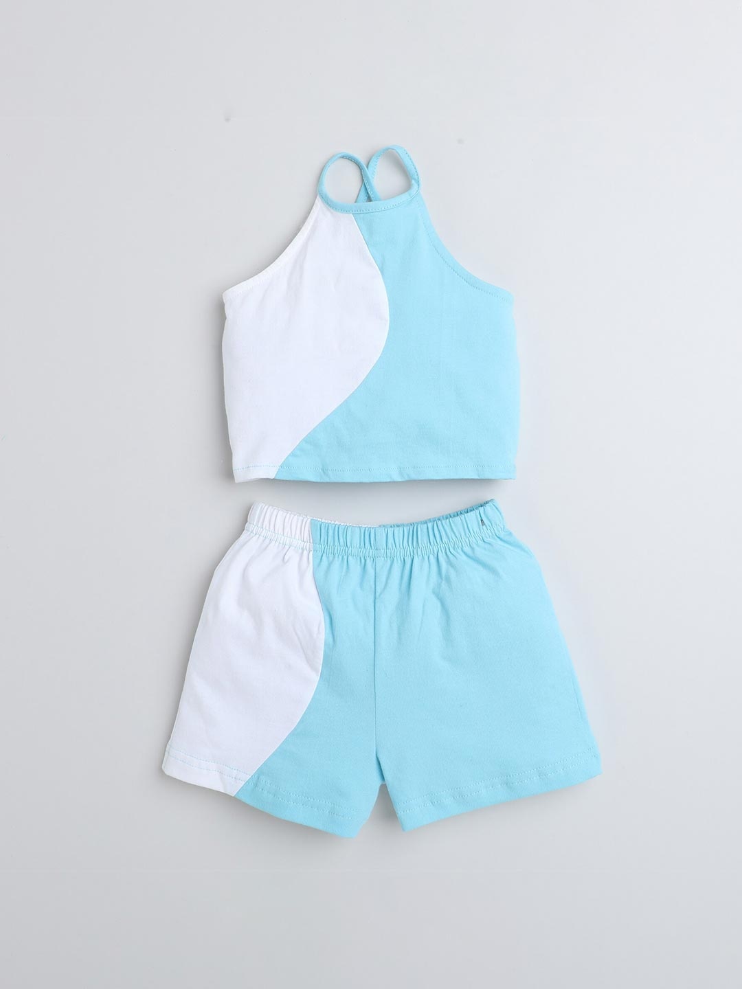 

taffykids Girls Colourblocked Halter Neck Cotton Top with Shorts, Blue