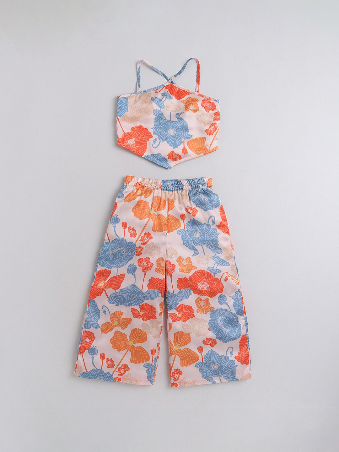 

taffykids Girls Floral Printed Halter Neck Top with Trousers, Beige