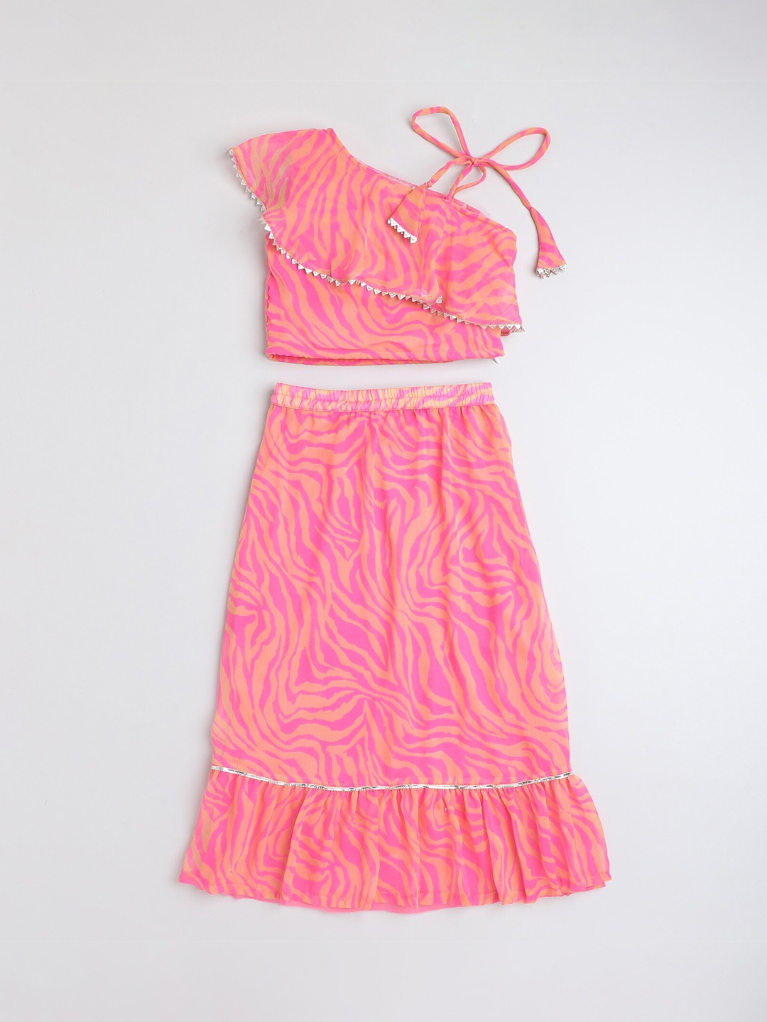 

taffykids Girls Ethnic Abstract Printed Gota Patti One Shoulder Top with Skirt, Pink