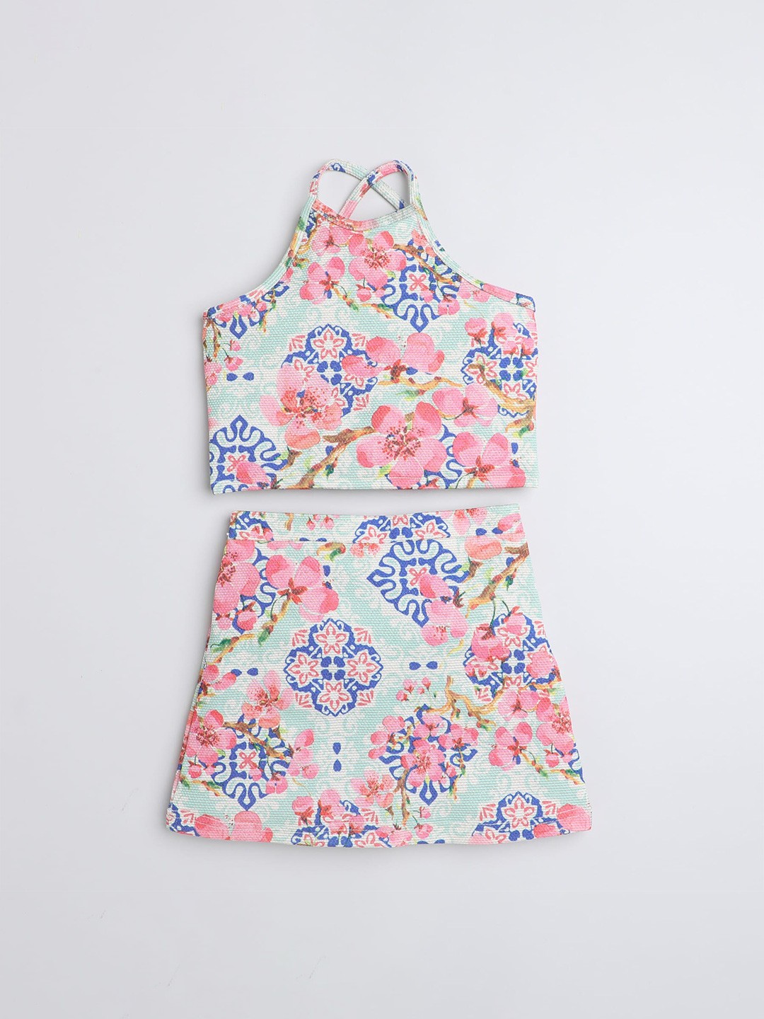 

taffykids Girls Printed Shoulder Strap Halter Neck Crop Top with Skirt, Blue