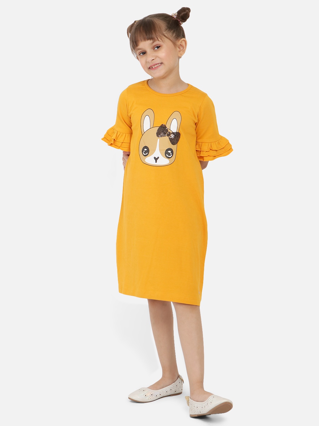 

Nauti Nati Girls Graphic Printed Sequined Bell Sleeves Pure Cotton T-shirt Dress, Yellow