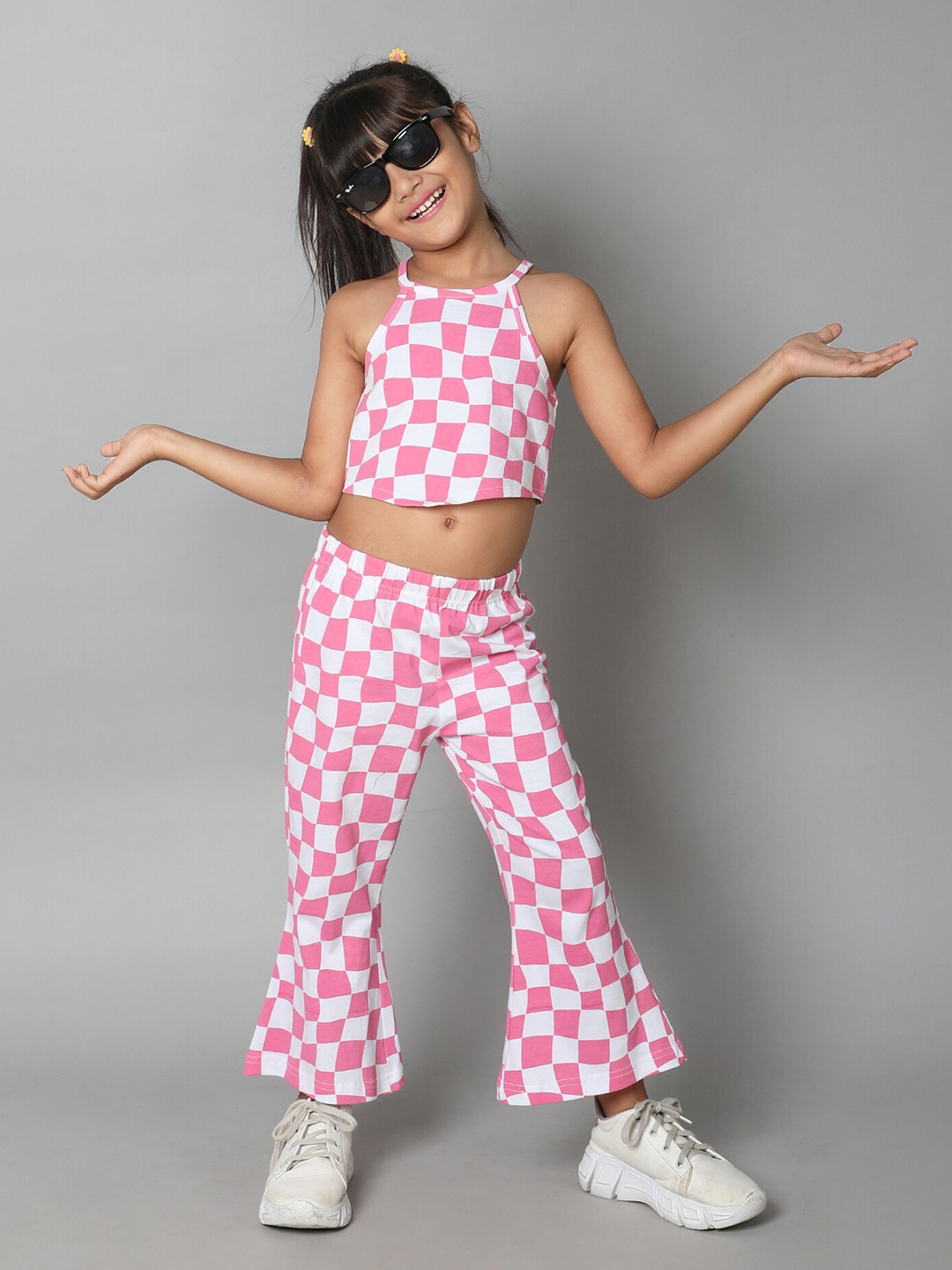 

taffykids Girls Checked Halter Cotton Crop Top With Trousers, Pink