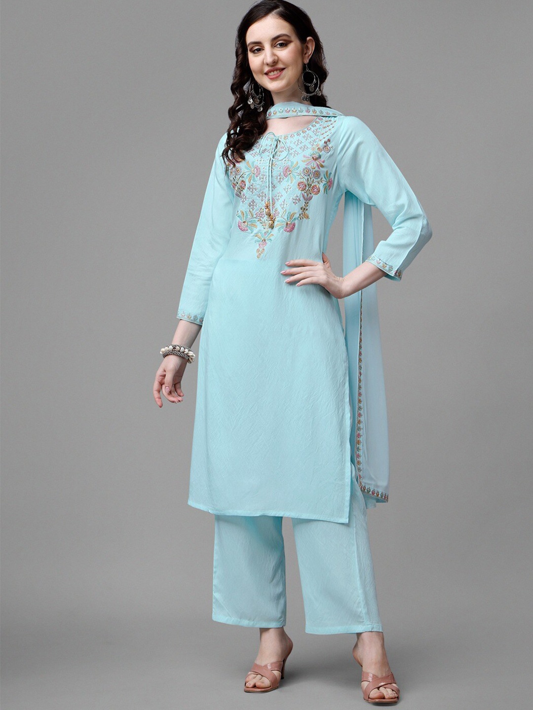 

BESUCHER Ethnic Motifs Embroidered Straight Kurta with Trousers & With Dupatta, Blue