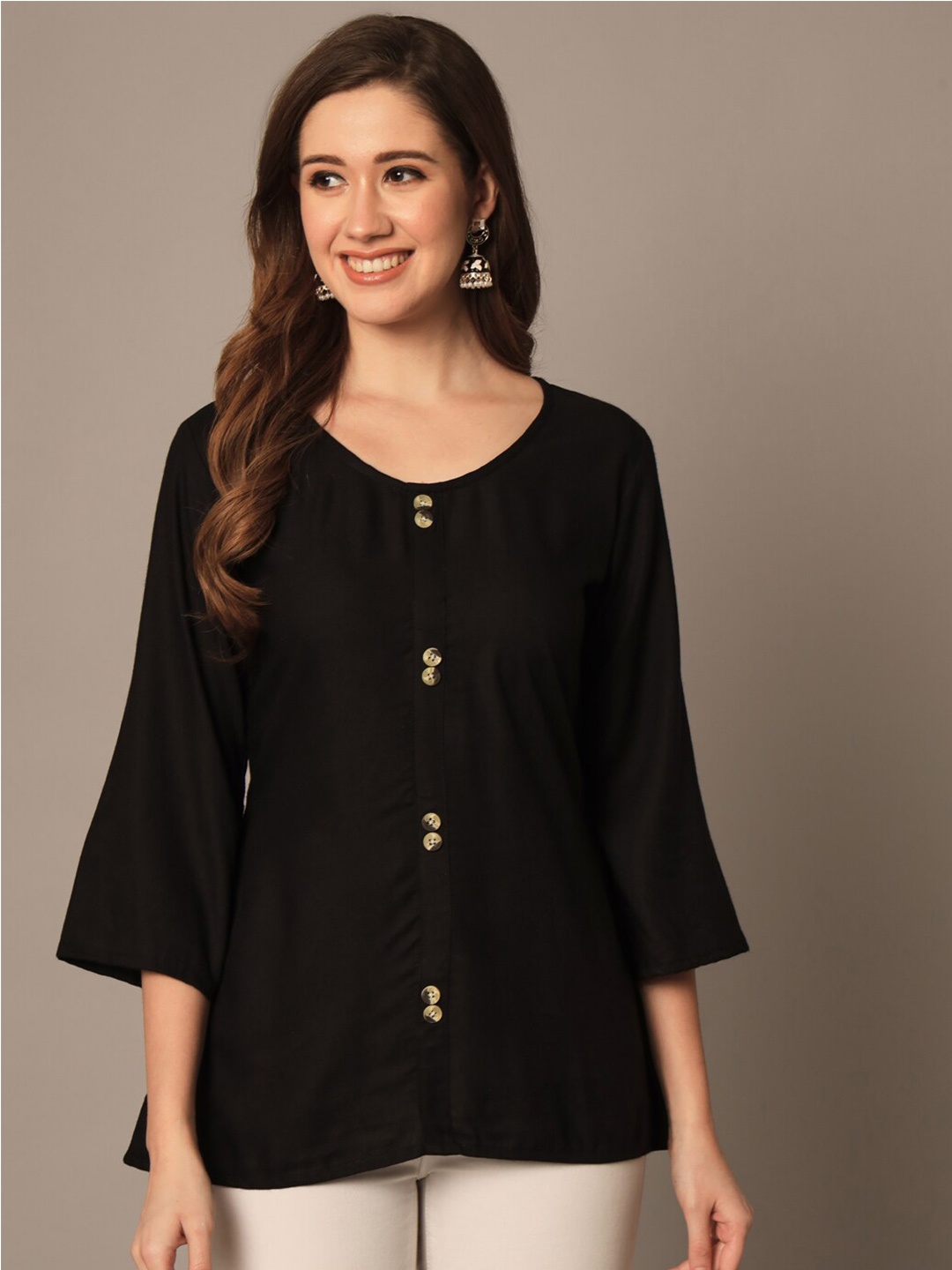 

Meeranshi Round Neck Button Detail Regular Top, Black